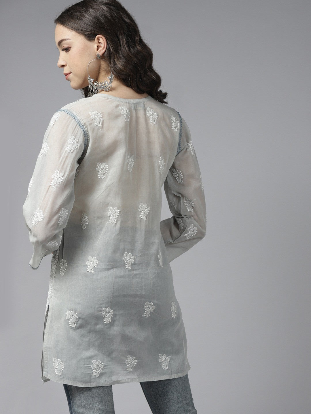 Ada Hand Embroidered Grey Cotton Lucknowi Chikankari Short Kurti -A273681