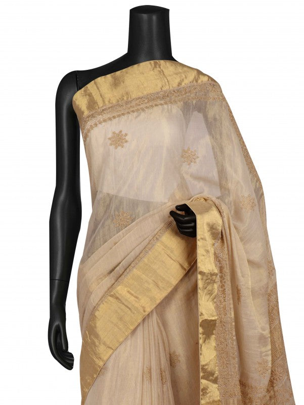Ada Hand Embroidered Natural Fawn Tissue Lucknowi Chikankari Saree With Blouse A606169