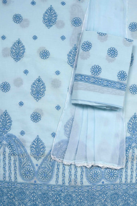 Ada Hand Embroidered Blue Cotton Lucknowi Chikan Unstitched Suit Piece A176919