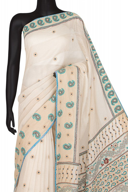 Ada Hand Embroidered Cream Chanderi Lucknowi Chikankari Saree With Blouse- A70603