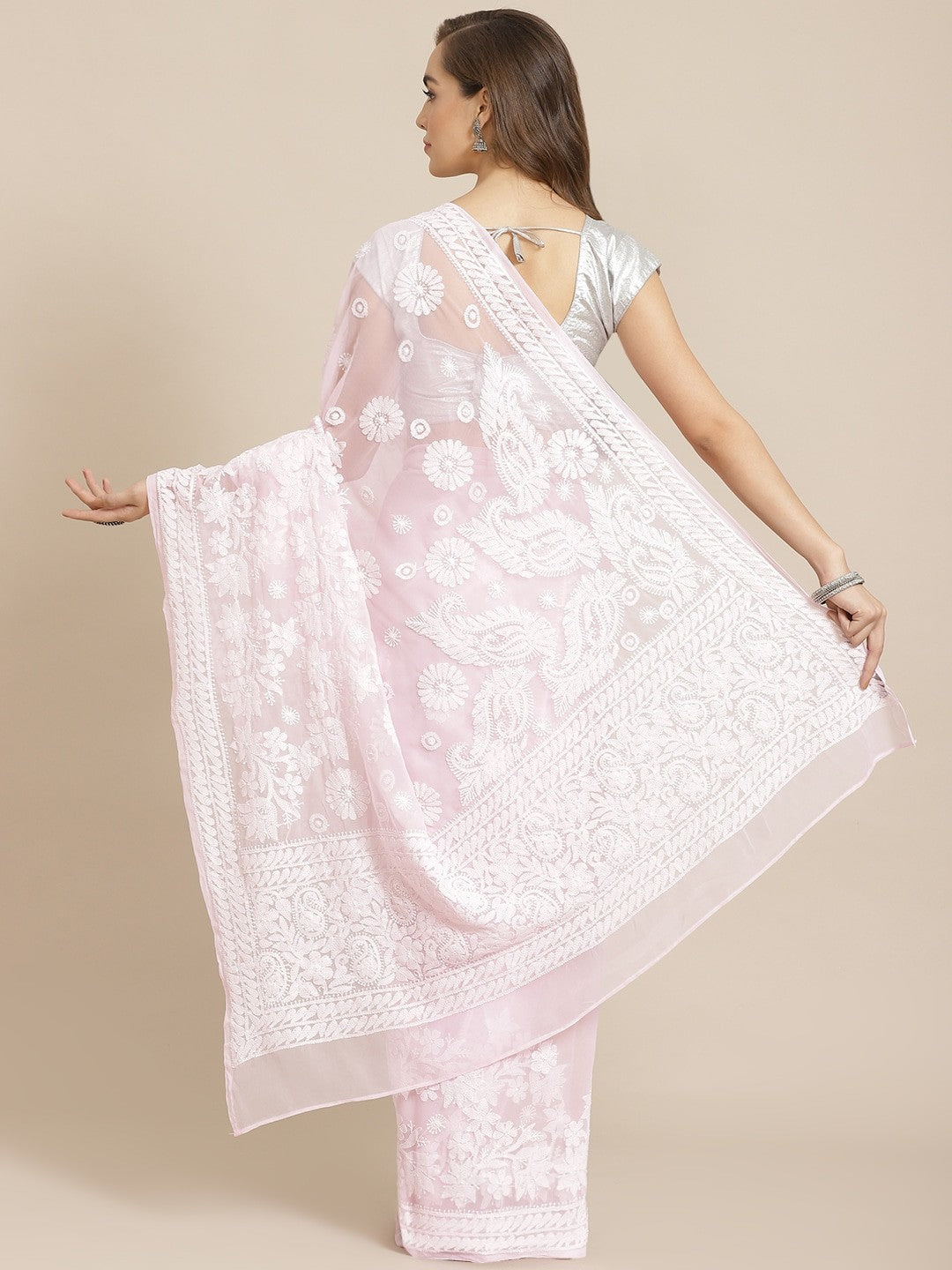 Ada Hand Embroidered Baby Pink Georgette Lucknow Chikan Saree with Blouse A311272