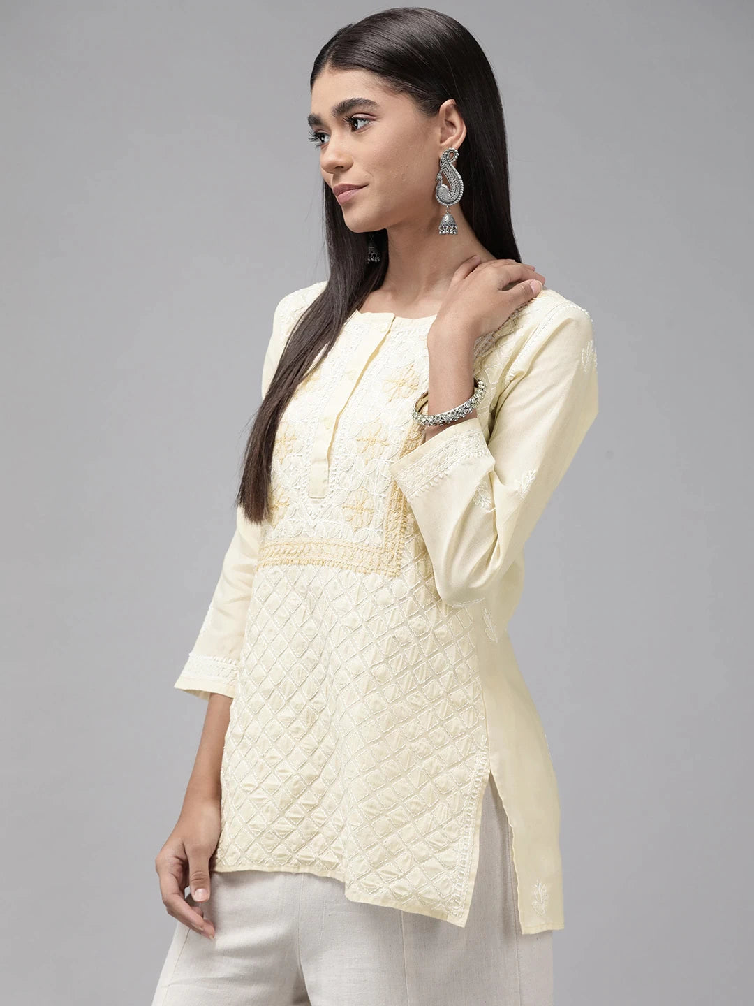 Ada Hand Embroidered Fawn Cotton Lucknowi Chikankari Straight  Kurti A911239