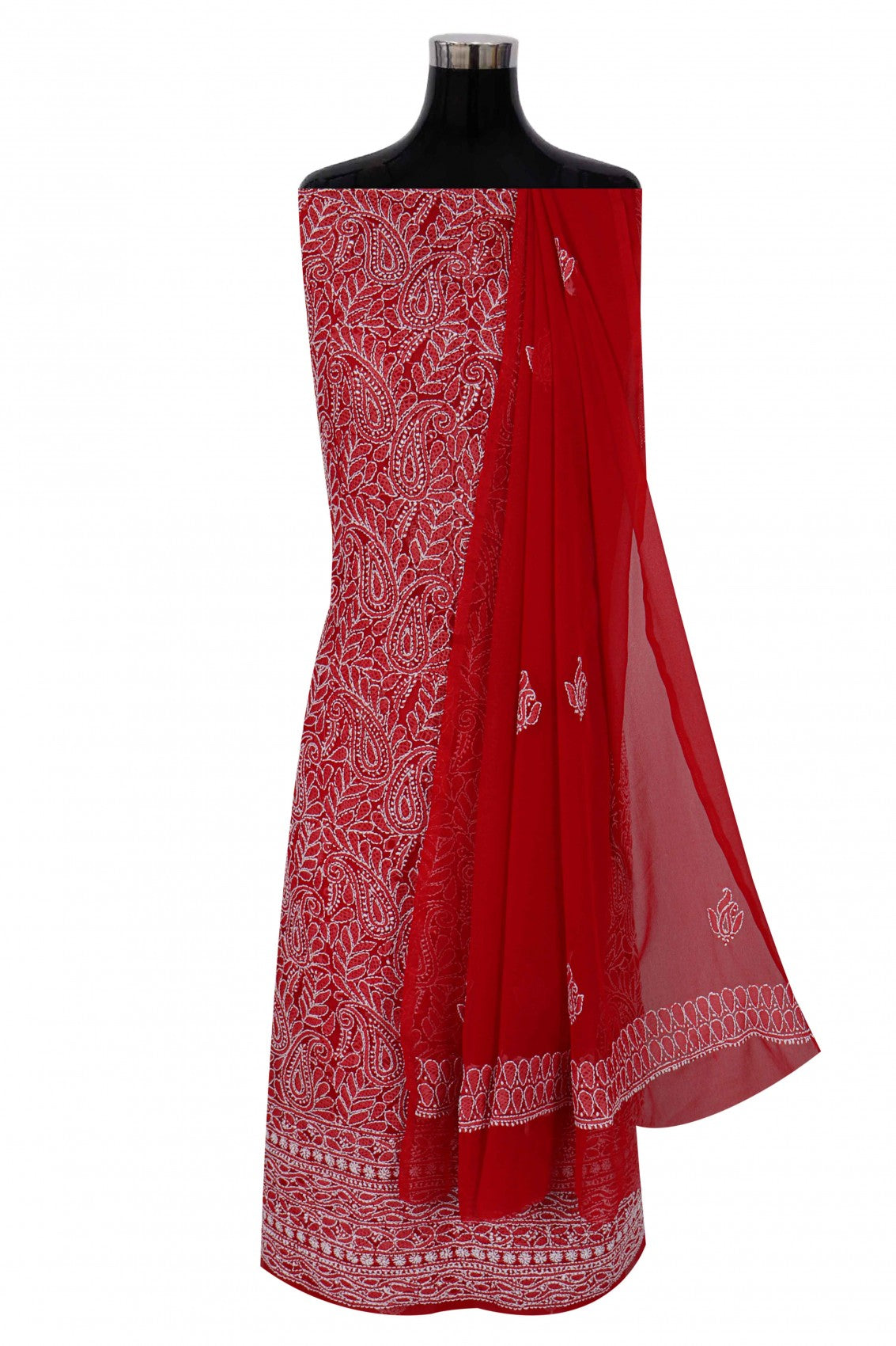 Ada Hand Embroidered Red Georgette Lucknowi Chikan Unstitched Suit Piece A507450
