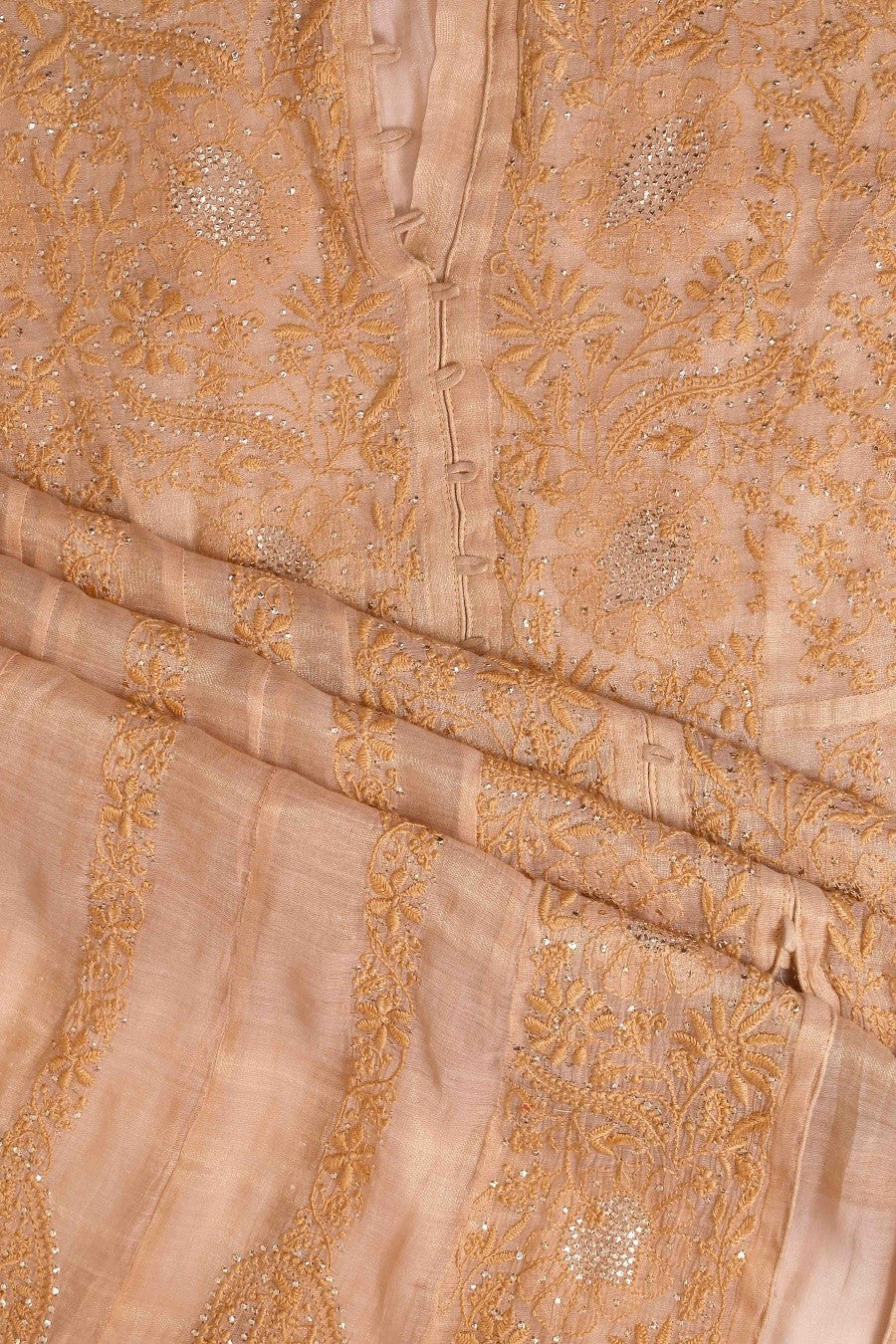 Ada Hand Embroidered Peach Tissue Lucknowi Chikankari Semi-stitched Kurta Dupatta Set With Muqaish Work-A588033