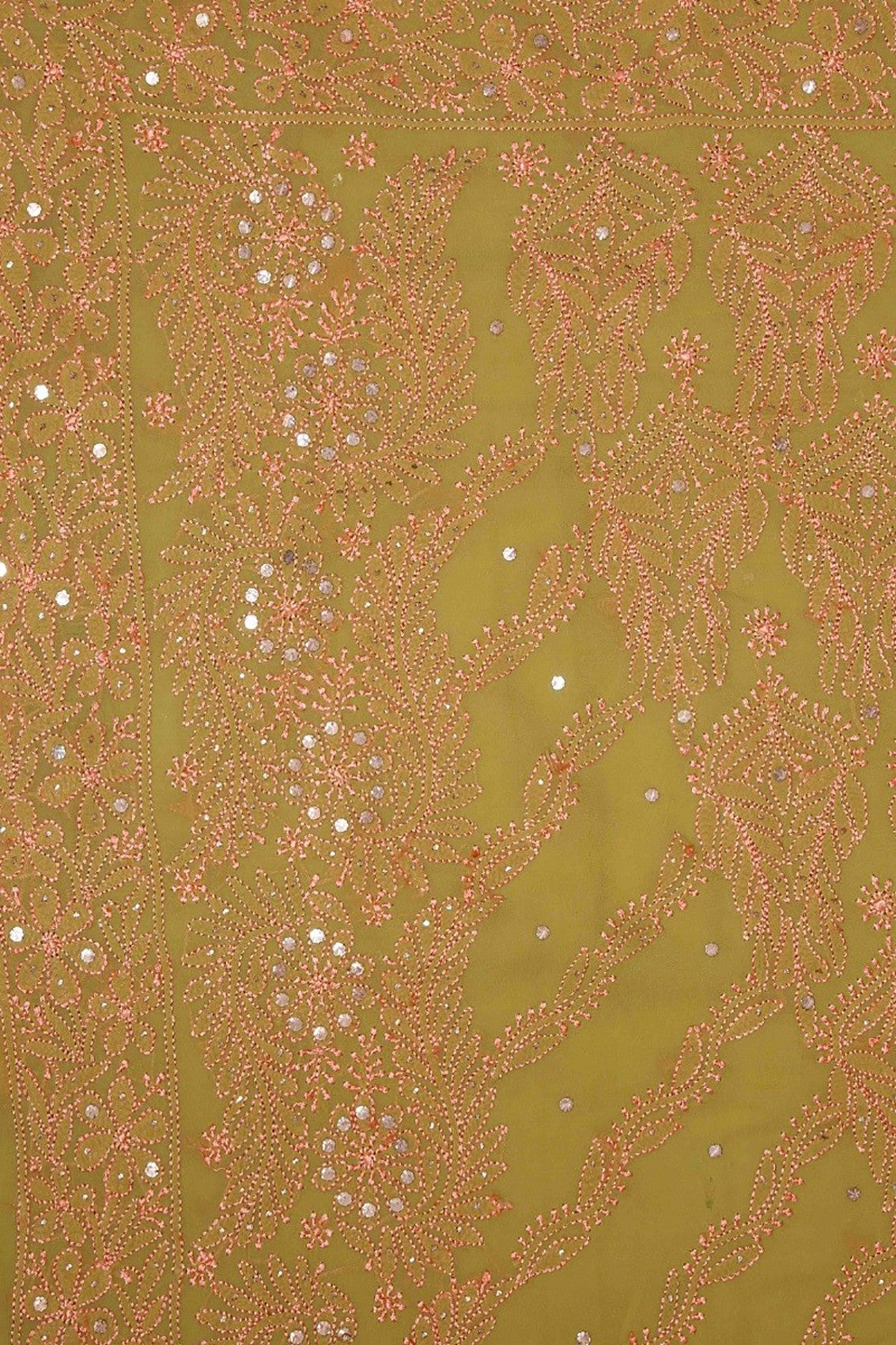 Ada Hand Embroidered Olive Green Pure Georgette Lucknowi Chikankari Saree/Blouse With Muqaish Work 01A59040