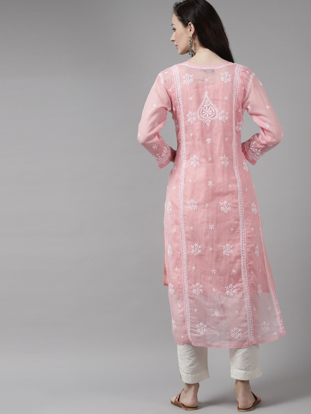 Ada Hand Embroidered Peach  Kota Lucknow Chikankari Kurta With Slip-A411308