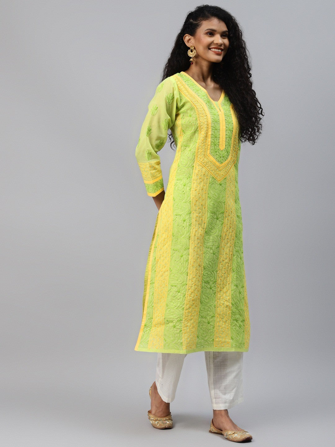 Ada Hand Embroidered Green Cotton Lucknow Chikan Kurta- A273453
