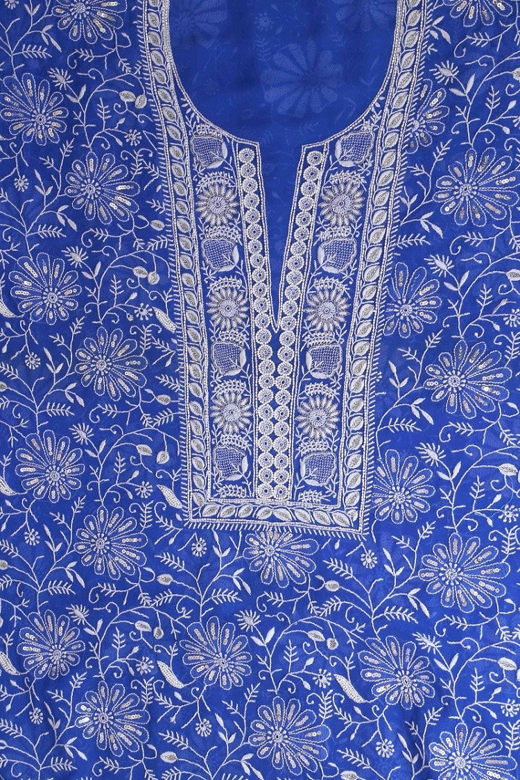Ada Hand Embroidered Royal Blue Pure Georgette Lucknowi Chikan Unstitched Kurta Dupatta Set With Pearl & Sequinned Work A602319