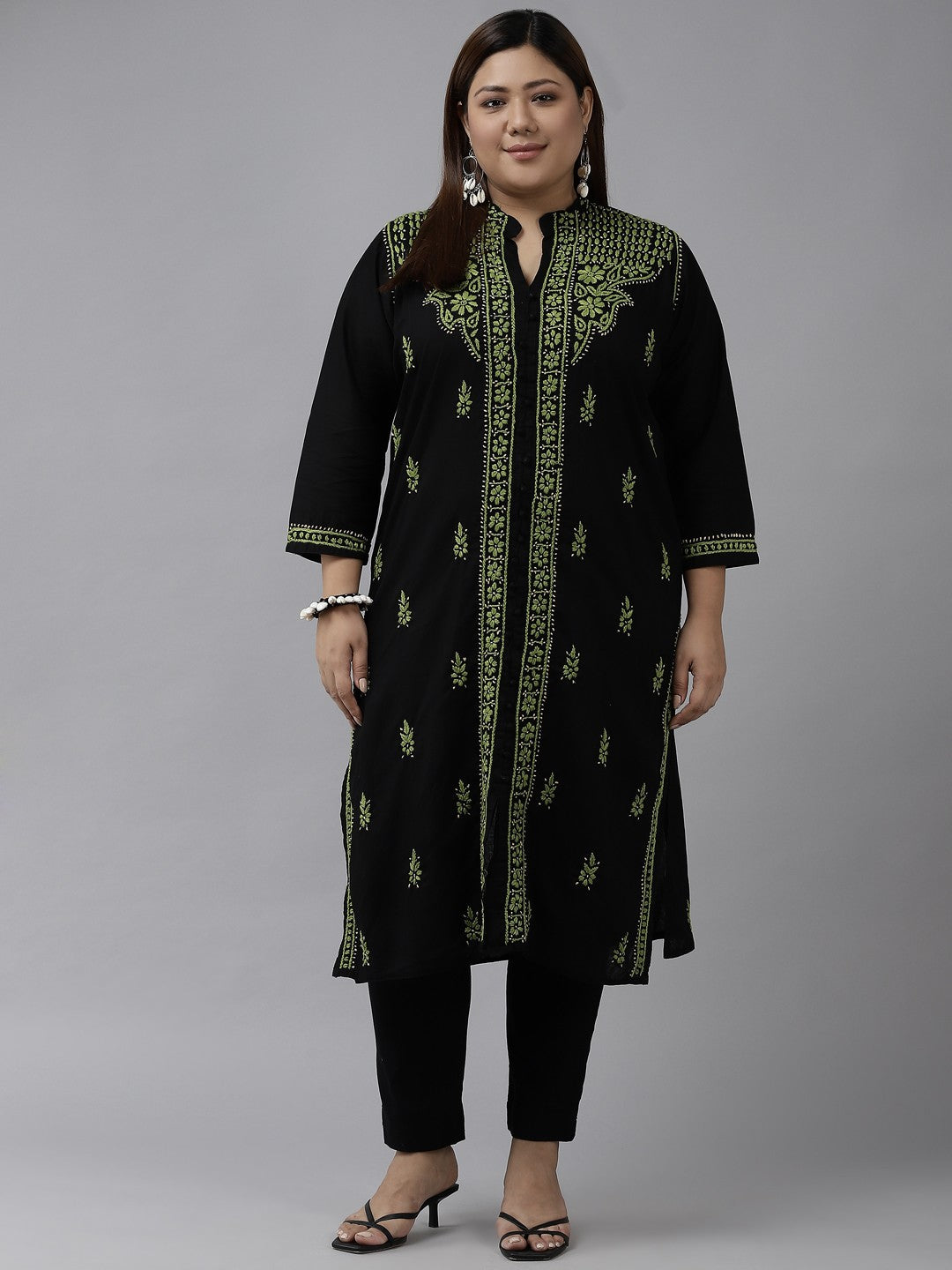 Ada Hand Embroidered Black Cotton Lucknowi Chikan Straight Kurta A444739