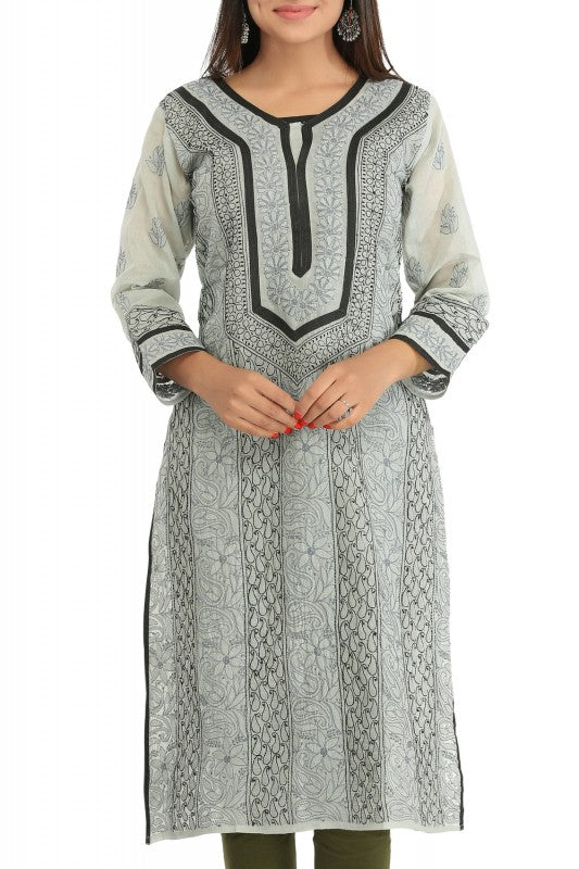 Ada Hand Embroidered Grey Cotton Lucknowi Chikankari Straight Kurta A273511