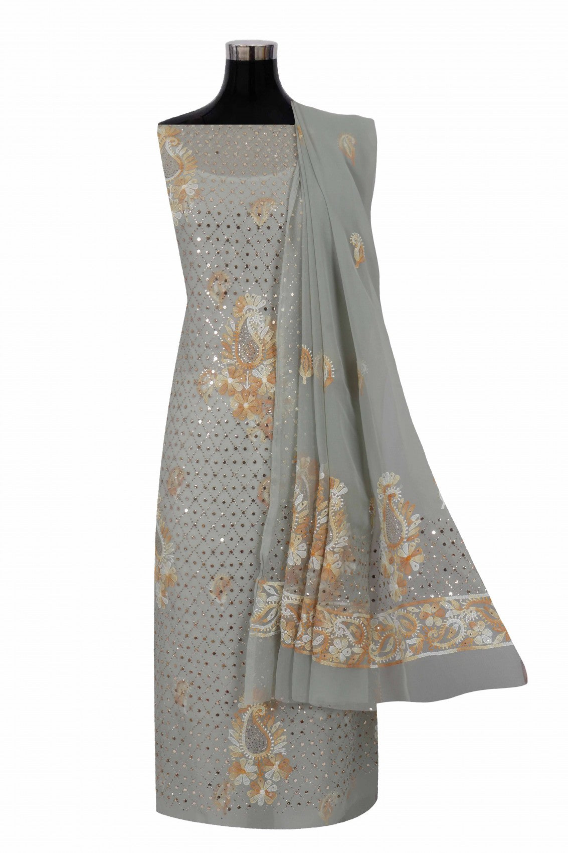 Ada Hand Embroidered Grey Georgette Lucknowi Chikankari Unstitched Suit Piece With Muqaish Work 01A211559