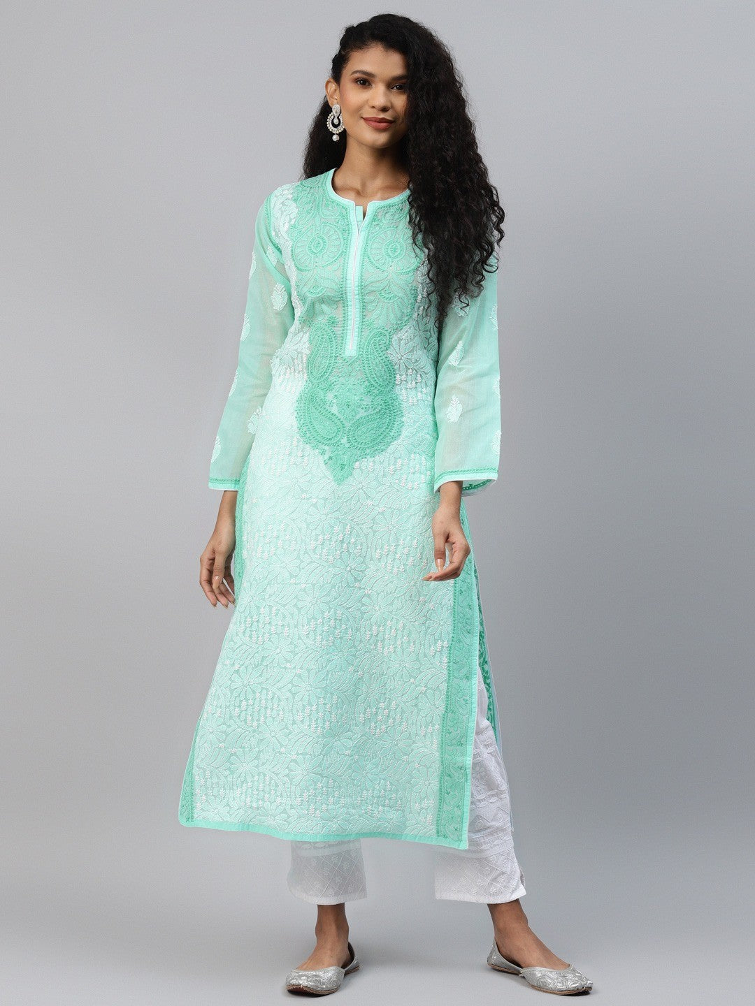 Ada Hand Embroidered Sea Green Cotton Lucknowi Chikankari Straight Kurta A254199
