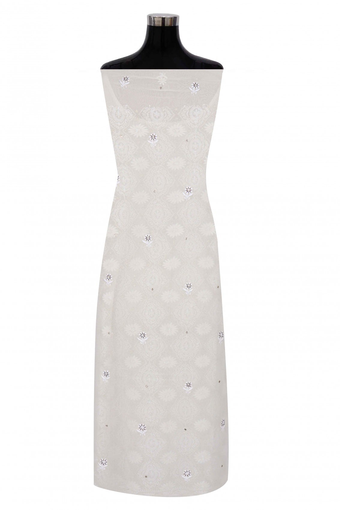 Ada Hand Embroidered White Pure Georgette Lucknowi Chikankari Unstitched Kurta Dupatta Set With Cutdana Work A392440