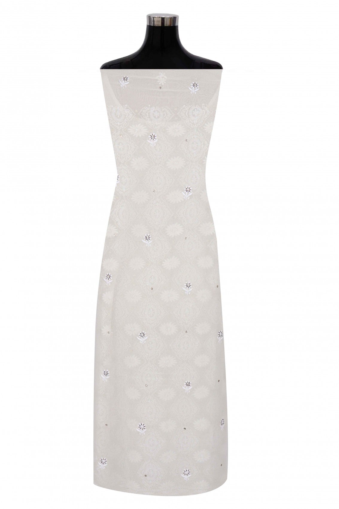 Ada Hand Embroidered White Pure Georgette Lucknowi Chikankari Unstitched Kurta Dupatta Set With Cutdana Work A392440