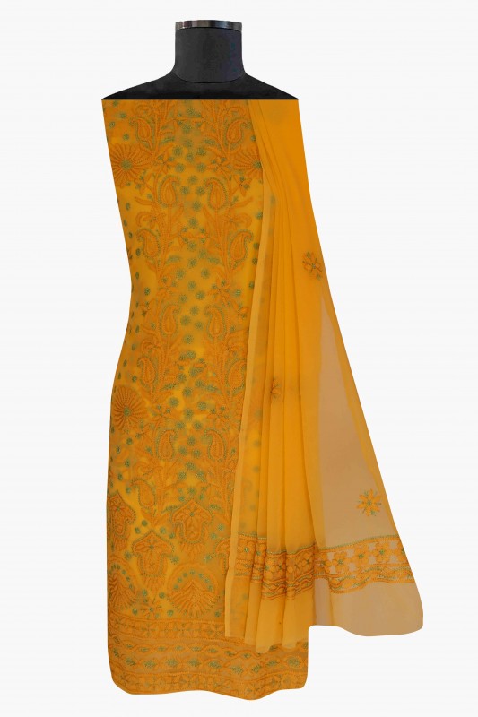Ada Hand Embroidered Mustard Georgette Lucknowi Chikan Unstitched Suit Piece-A211181