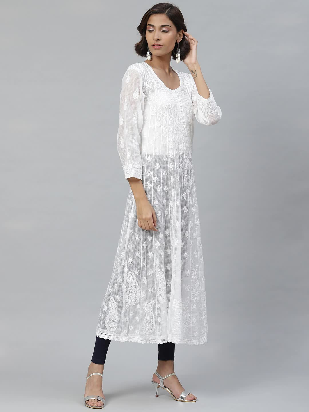 Ada Hand Embroidered White Kota Lucknowi Chikan Straight Kurta A411120