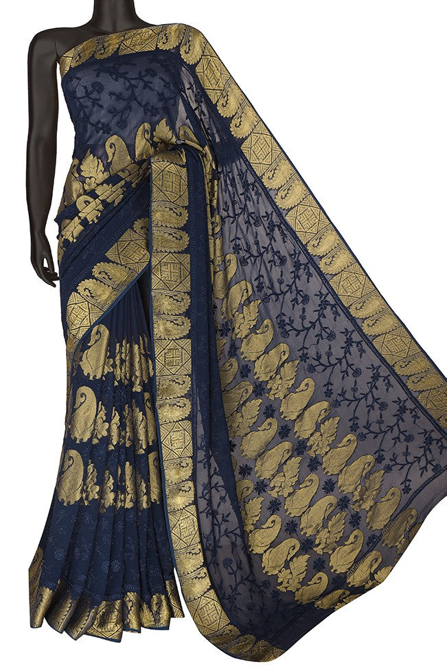 Ada Hand Embroidered Navy Blue Georgette Lucknowi Chikankari Saree with Blouse A591215