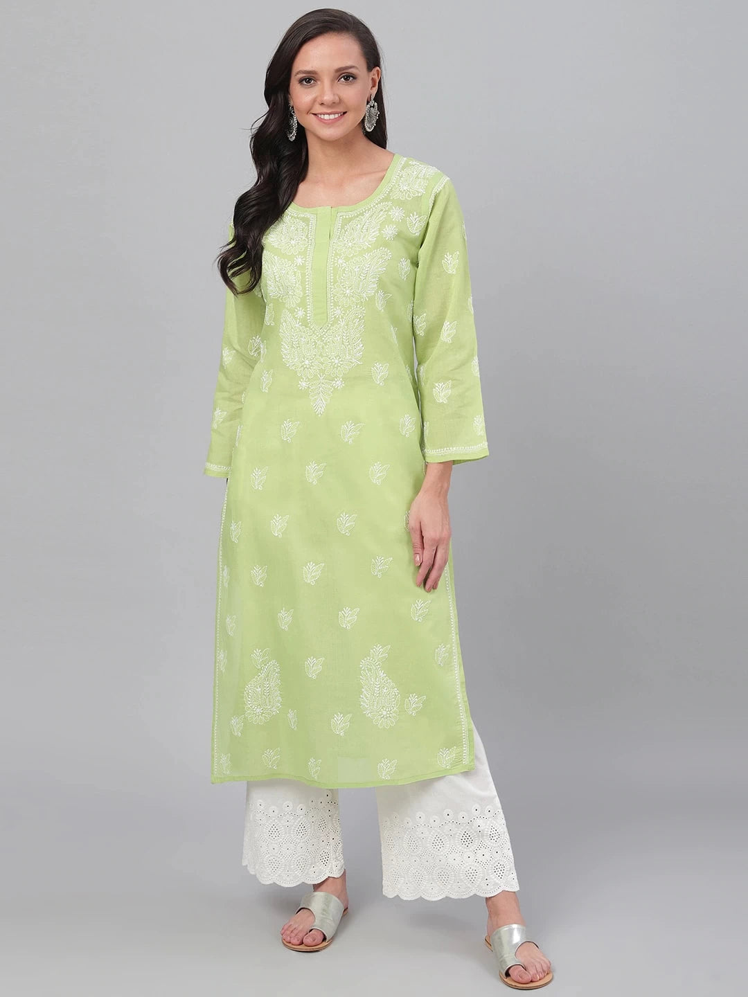 Ada Hand Embroidered Green Cotton Lucknow Chikankari Straight Kurta A133643