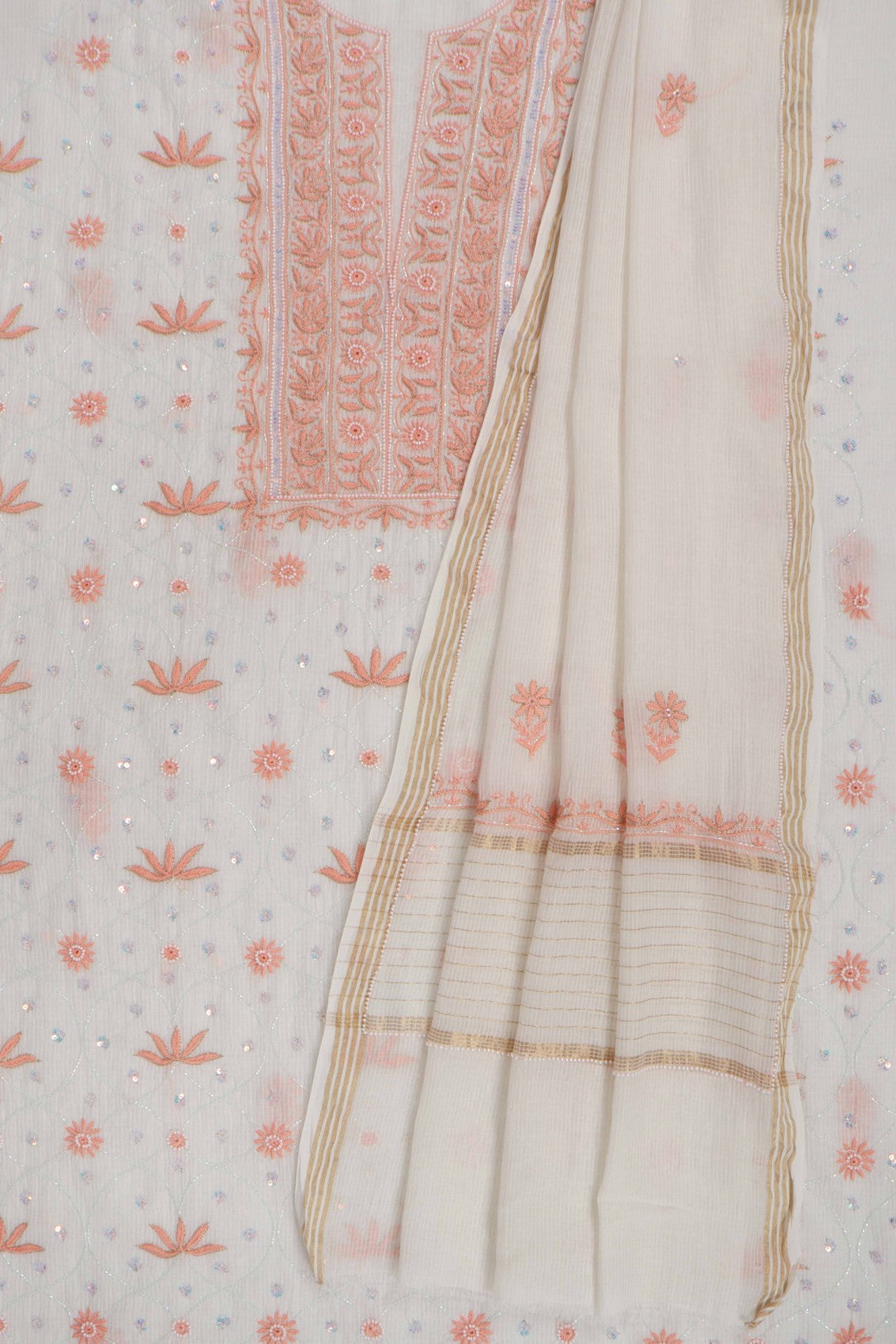 Ada Hand Embroidered Off White Chanderi Lucknowi Chikankari Unstitched Kurta Dupatta Set With Pearl Work 01A265086