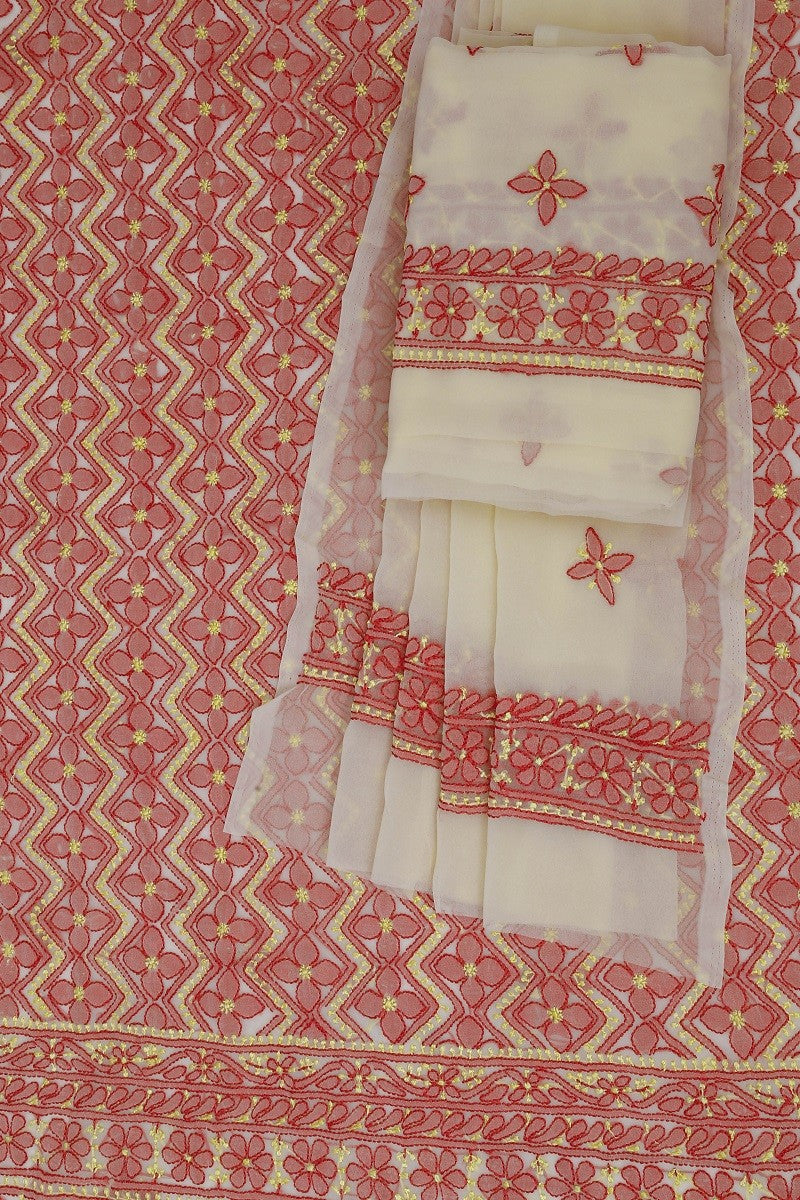 Ada Hand Embroidered Beige Georgette Lucknowi Chikan Unstitched Suit Piece A607917