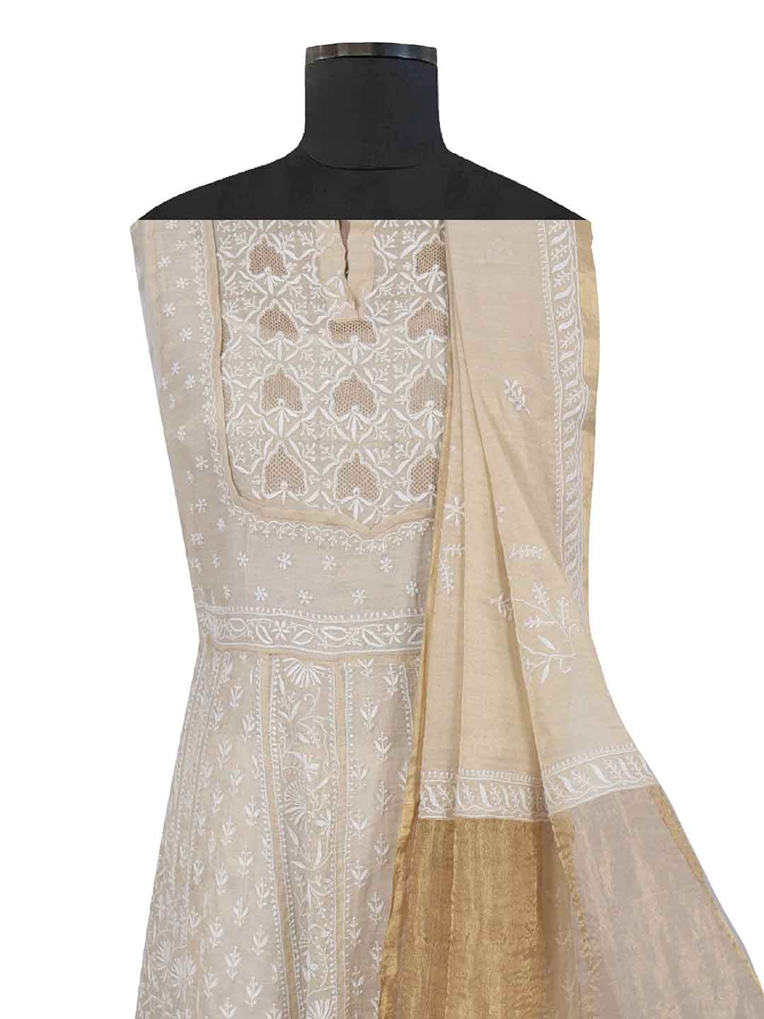 Ada Hand Embroidered Natural Fawn Tissue Lucknowi Chikankari Semi-Stitched Anarkali Kurta Dupatta Set With Zari Work 01A205793