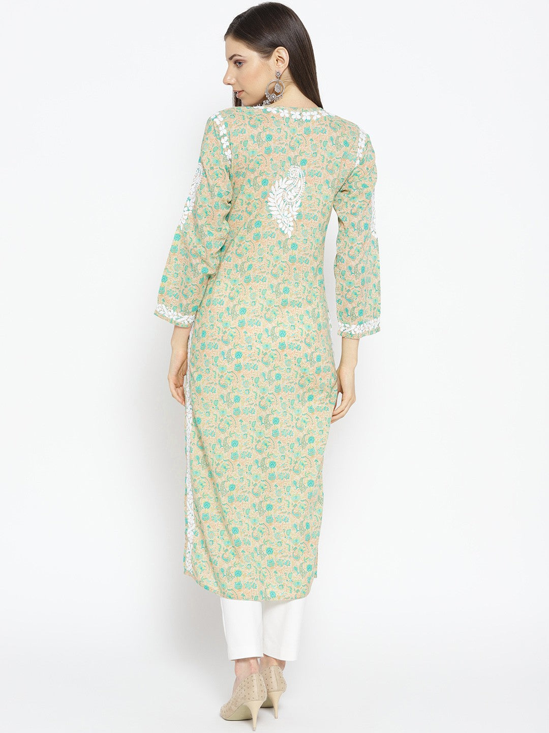 Ada Hand Embroidered Fawn Green Cotton Lucknowi Chikankari Straight Kurta- A100037