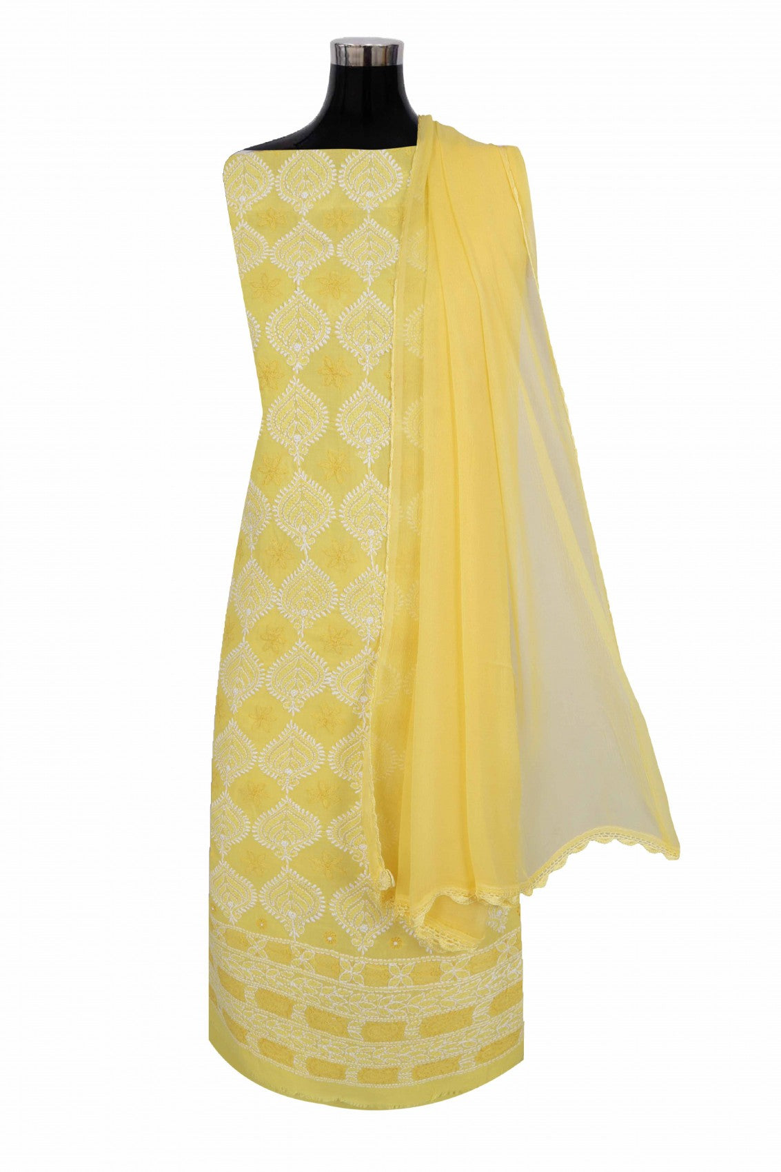Ada Hand Embroidered Yellow Cotton Lucknowi Chikankari Unstitched Suit Piece 01A176458