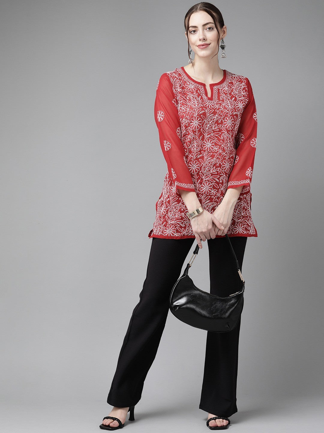 Ada Hand Embroidered Red Georgette Lucknowi Chikankari Straight Kurti A911230