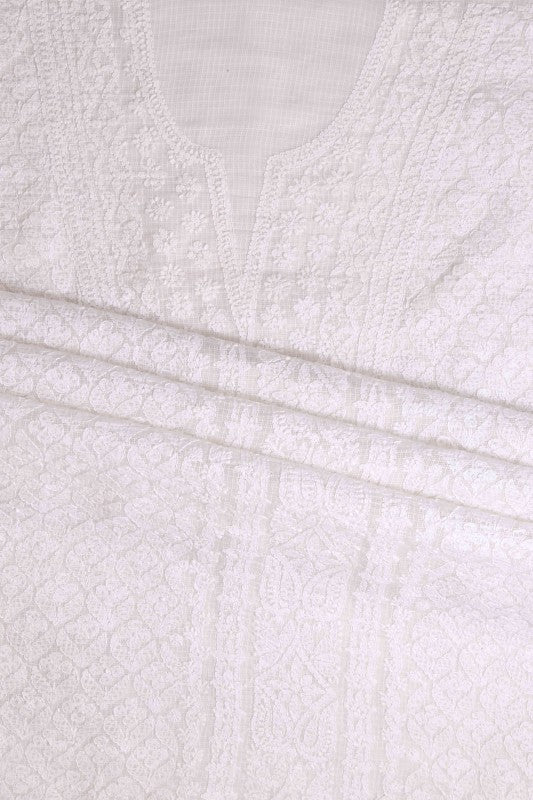 Ada Hand Embroidered White Kota Lucknowi Chikan Unstitched Kurta Dupatta-A618166