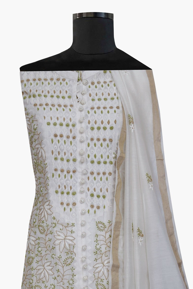 Ada Hand Embroidered Cream Chanderi Lucknowi Chikan Semi-stitched Kurta Dupatta A145991