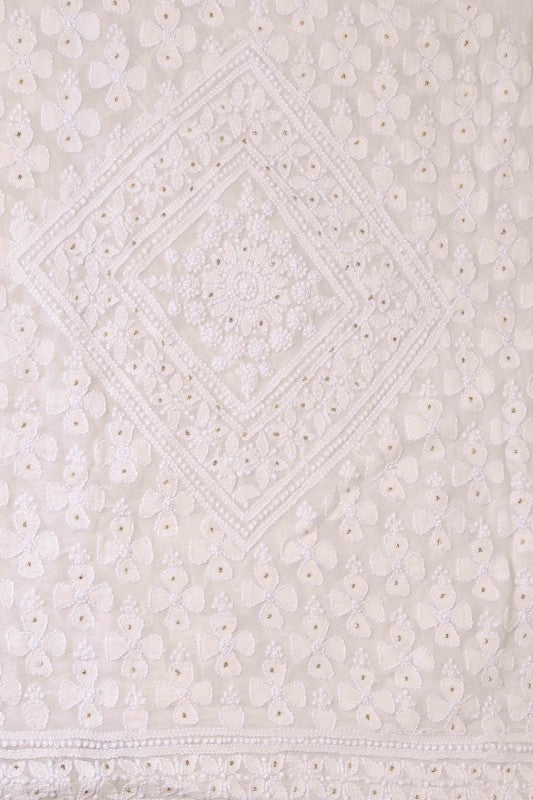 Ada Hand Embroidered White Pure Georgette Lucknowi Chikan Unstitched Kurta Piece With Muqaish Work A526844