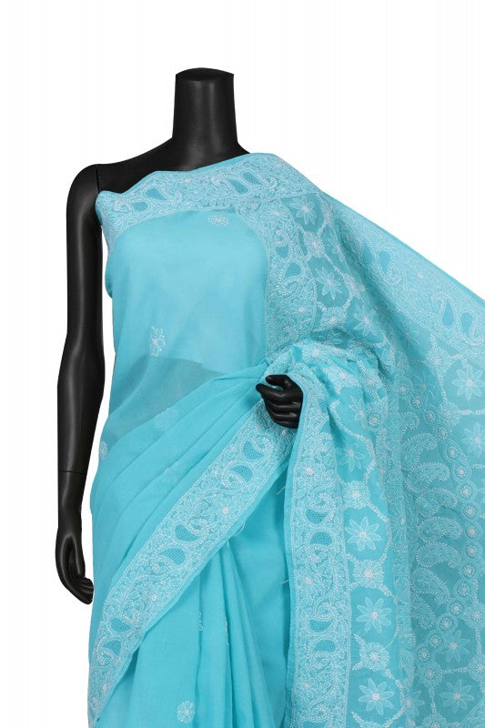 Ada Hand Embroidered Blue Cotton Lucknowi Chikankari Saree With Blouse A543779
