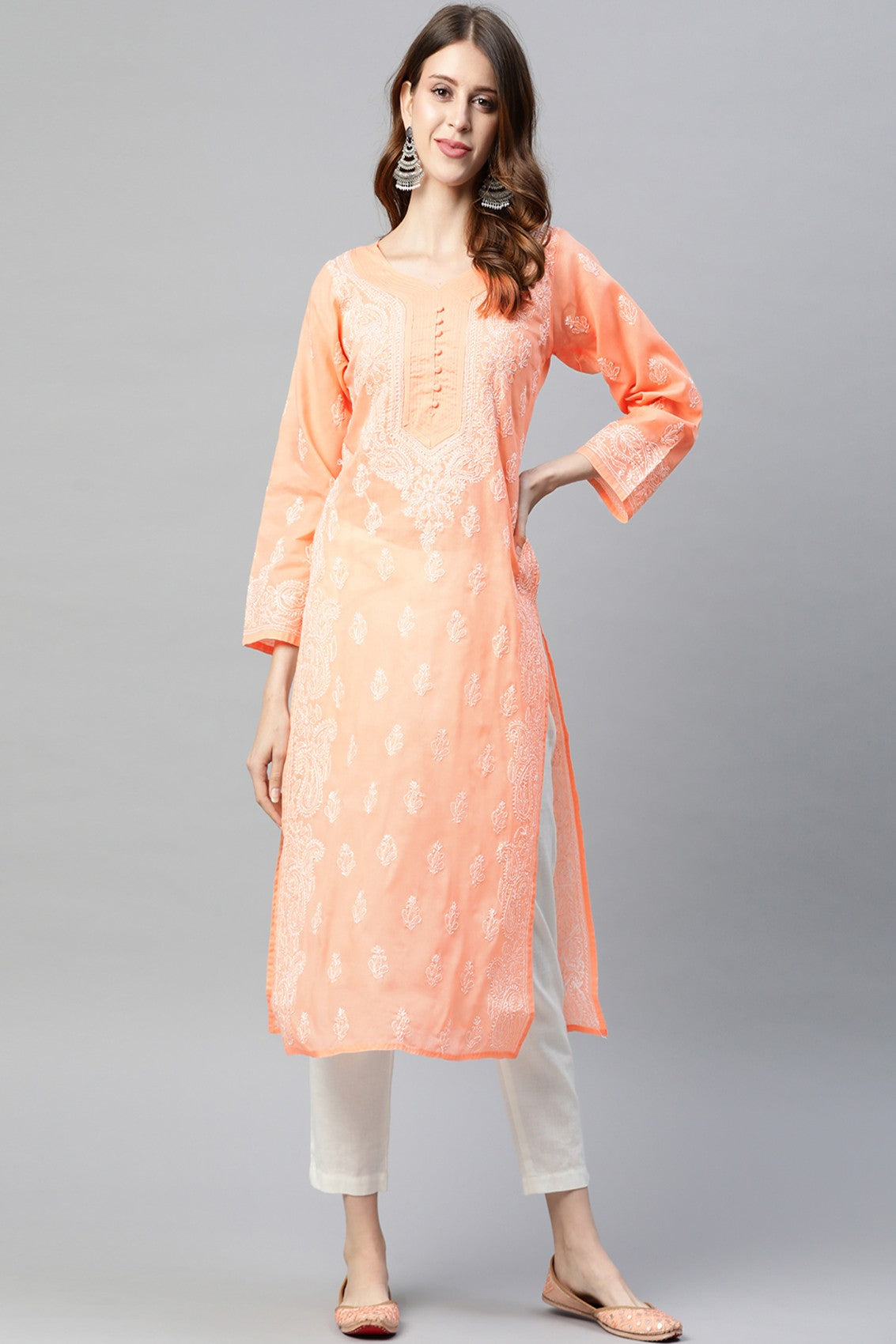 Ada Hand Embroidered Peach Cotton Lucknowi Chikankari Straight Kurta A236287