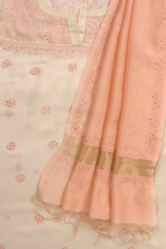 Ada Hand Embroidered White Chanderi Lucknowi Chikan Unstitched Kurta Dupatta Set A614816