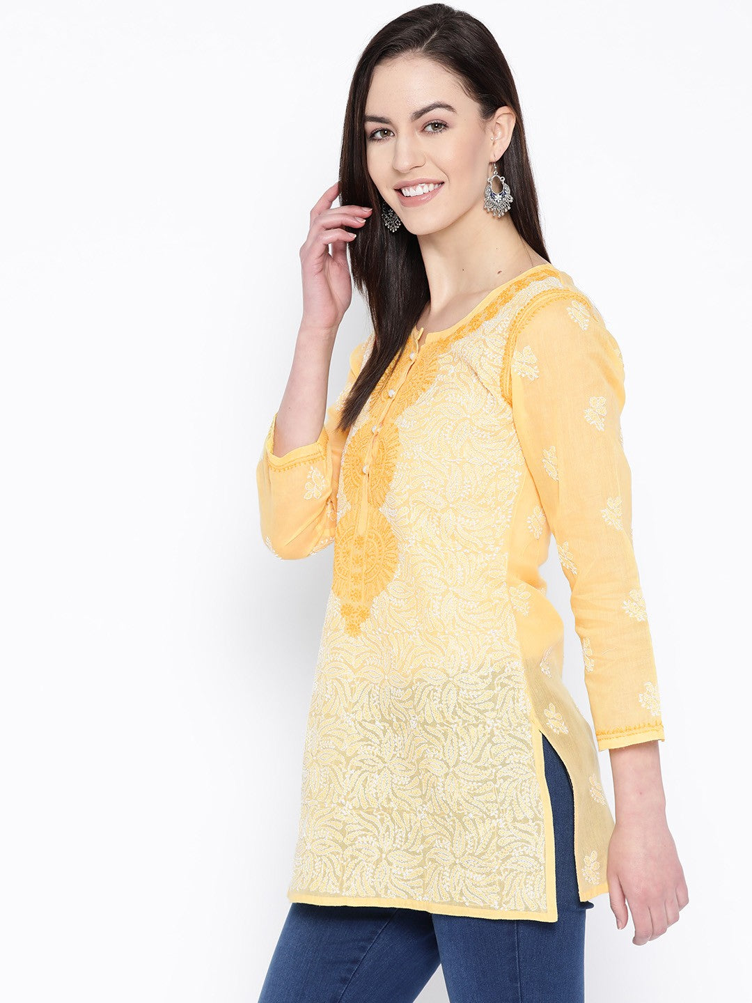 Ada Hand Embroidered Yellow Cotton Lucknow Chikan Top A100231