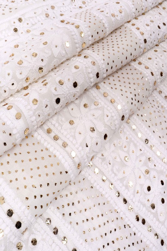 Ada Hand Embroidered White Georgette Lucknowi Chikankari Semi-Stitched Anarkali Kurta Dupatta Set With Muqaish Work 01A137140