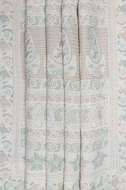 Ada Hand Embroidered Ivory Pure Georgette Lucknowi Chikankari Saree/Blouse With Muqaish Work -A56535