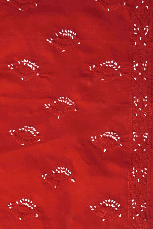 Ada Hand Embroidered Red Cotton Lucknowi Chikan Unstitched Suit Piece–A100155