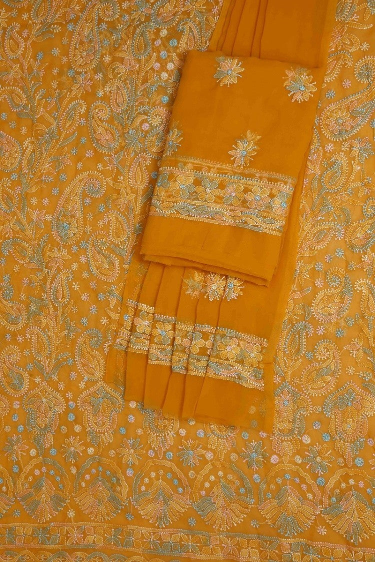 Ada Hand Embroidered Mustard Georgette Lucknowi Chikan Unstitched Suit Piece A211173
