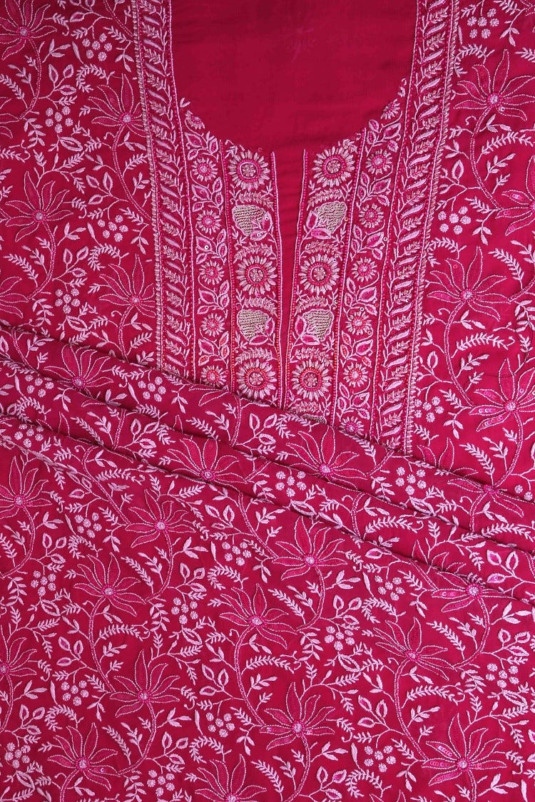Ada Hand Embroidered Magenta Pure Georgette Lucknowi Chikan Unstitched Kurta Dupatta Set with Pearl Work A604158