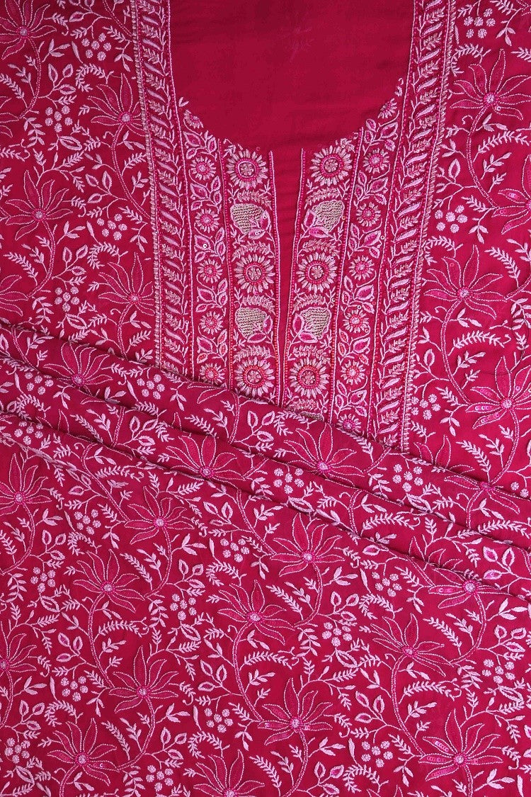 Ada Hand Embroidered Magenta Pure Georgette Lucknowi Chikan Unstitched Kurta Dupatta Set with Pearl Work A604158