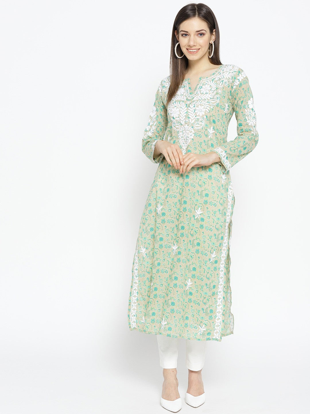 Ada Hand Embroidered Fawn Green Cotton Lucknowi Chikankari Kurta- A100029