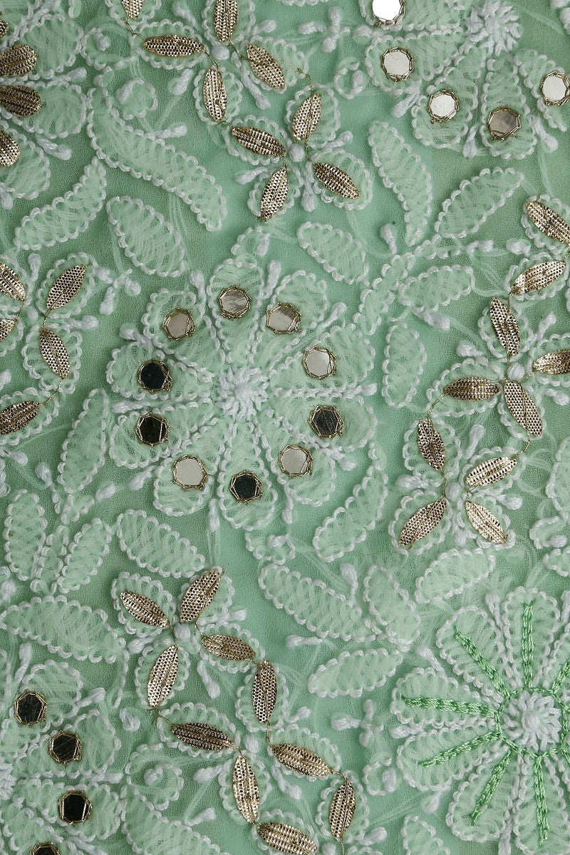Ada Hand Embroidered Fern Green Faux Georgette Lucknowi Chikan Unstitched Kurta Dupatta Set with Gota Patti Work A465351