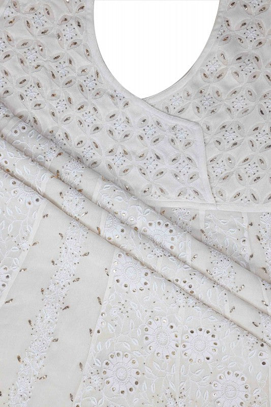 Ada Hand Embroidered Ivory White Pure Georgette Lucknowi Chikankari Semi-Stitched Anarkali Kurta Dupatta Set With Muqaish Work A501766