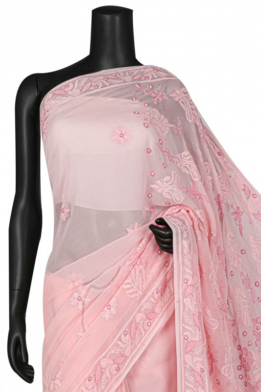 Ada Hand Embroidered Baby Pink Georgette Lucknowi Chikankari Saree With Blouse A610318