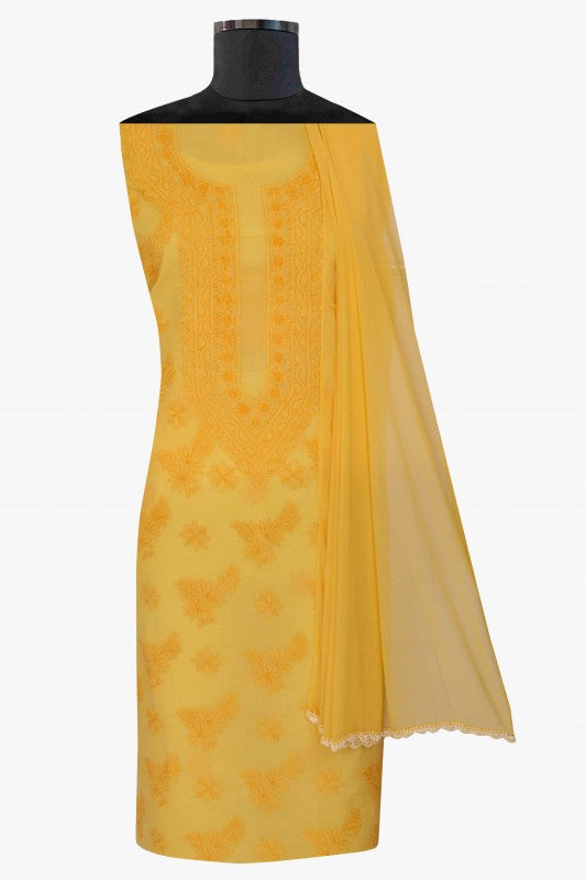 Ada Hand Embroidered Yellow Cotton Lucknowi Chikan Unstitched Suit Piece-A211143