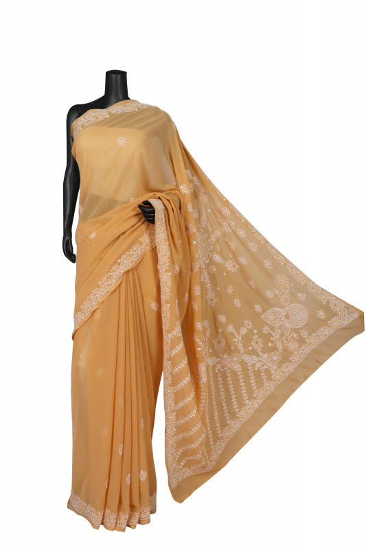 Ada Hand Embroidered Fawn Georgette Lucknowi Chikankari Saree With Blouse A267733