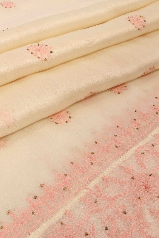 Ada Hand Embroidered White Chanderi Lucknowi Chikan Unstitched Kurta Dupatta Set A614816