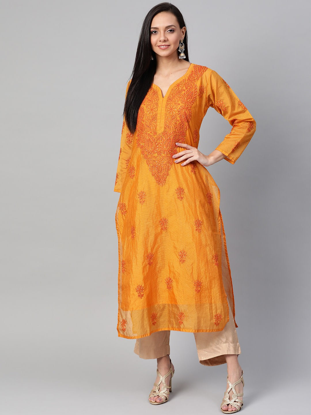 Ada Hand Embroidered Mustard Kota Lucknowi Chikan Kurta/Slip With Muqaish Work- A100486