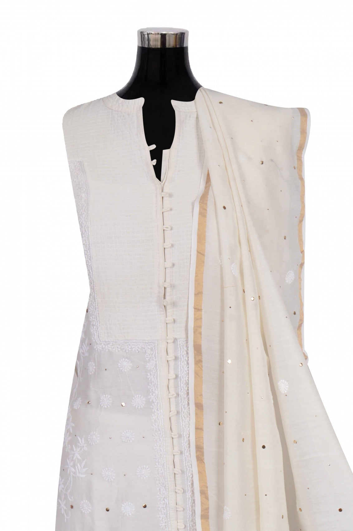 Ada Hand Embroidered Cream Chanderi Lucknowi Chikankari Semi-Stitched Anarkali Kurta Dupatta Set With Muqaish Work A604160